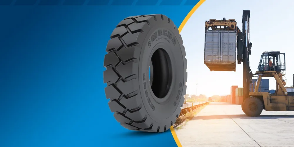 Magna Tyre in a blue background with a photo of a forklift on the side