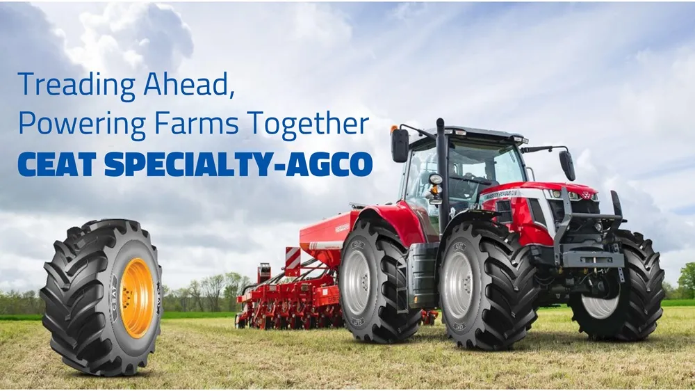 CEAT Specialty tyres on a red tractor in a field