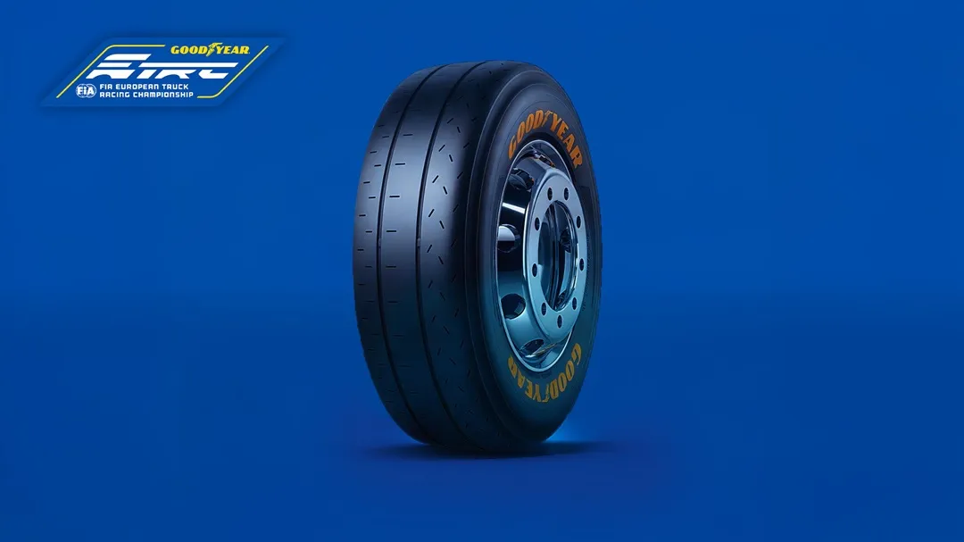 Image of a Goodyear tyre on a blue background