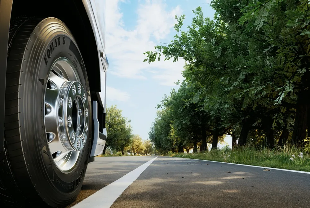 Goodyear EQMAX tyre on a truck, on a road