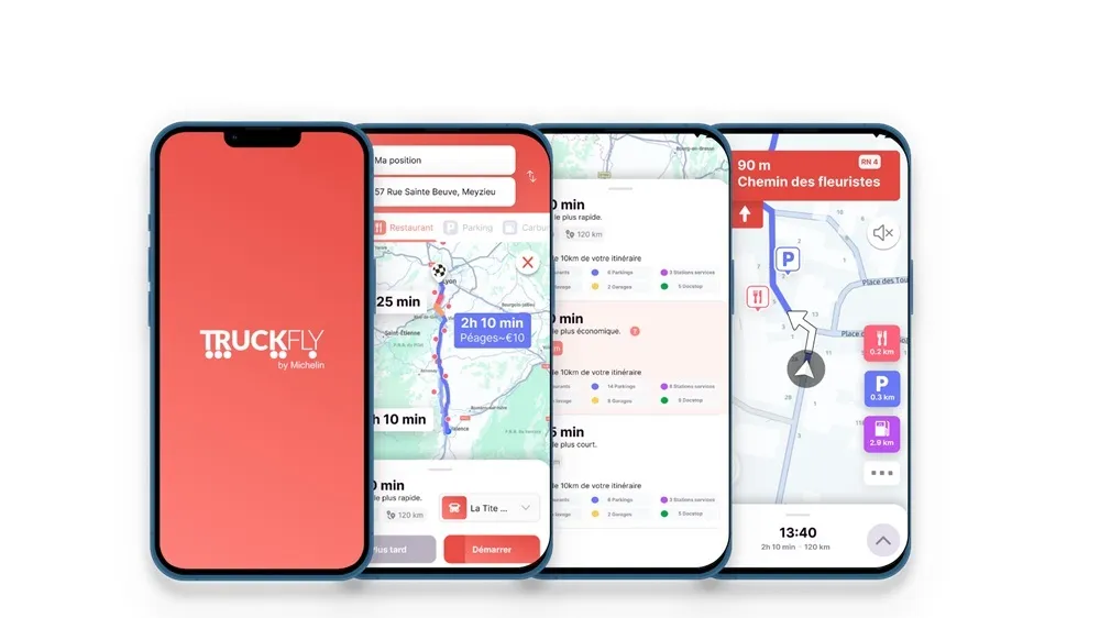 Four phones with the TruckFly by Michelin app opened up on each one showing various parts of the app