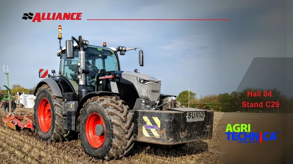 Alliance Agritechnica 2025 promo poster with tractor on a ploughed field with red wheels