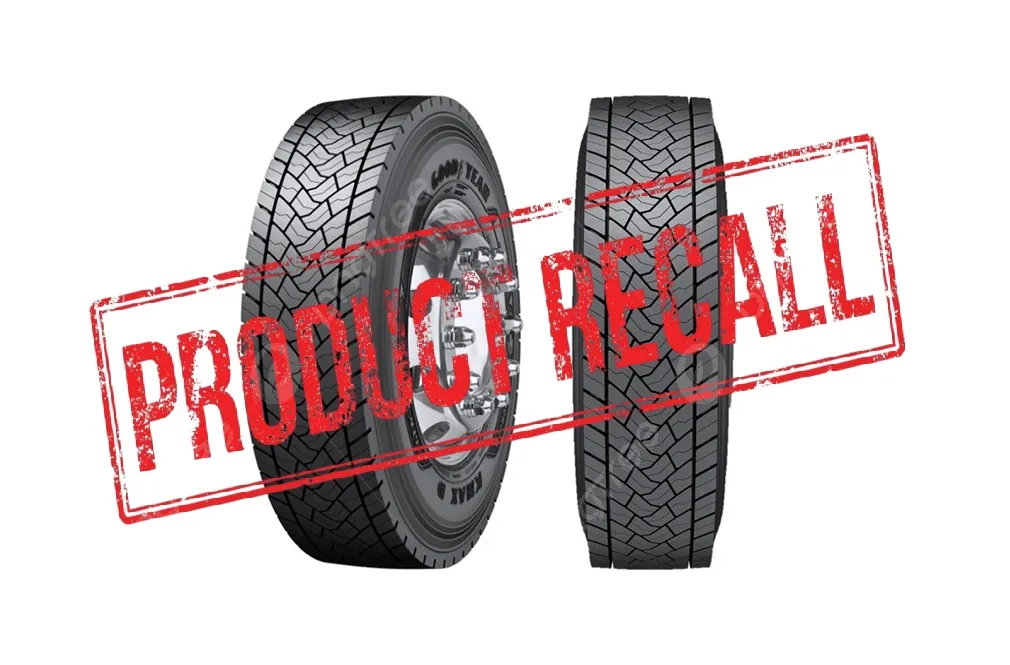 Image of Goodyear KMax D Gen-2 Tyres with red product recall stamp over the top