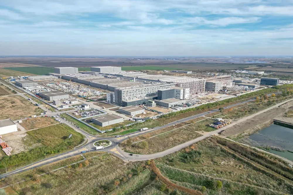 Aerial image of the Linglong factory in Serbia with blue clouded sky