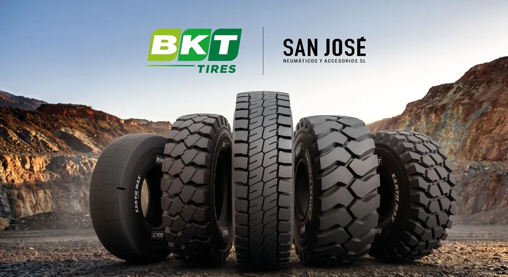 Image of five BKT Tyres EARTHMAX Mining Range front view in a quarry with the BKT logo
